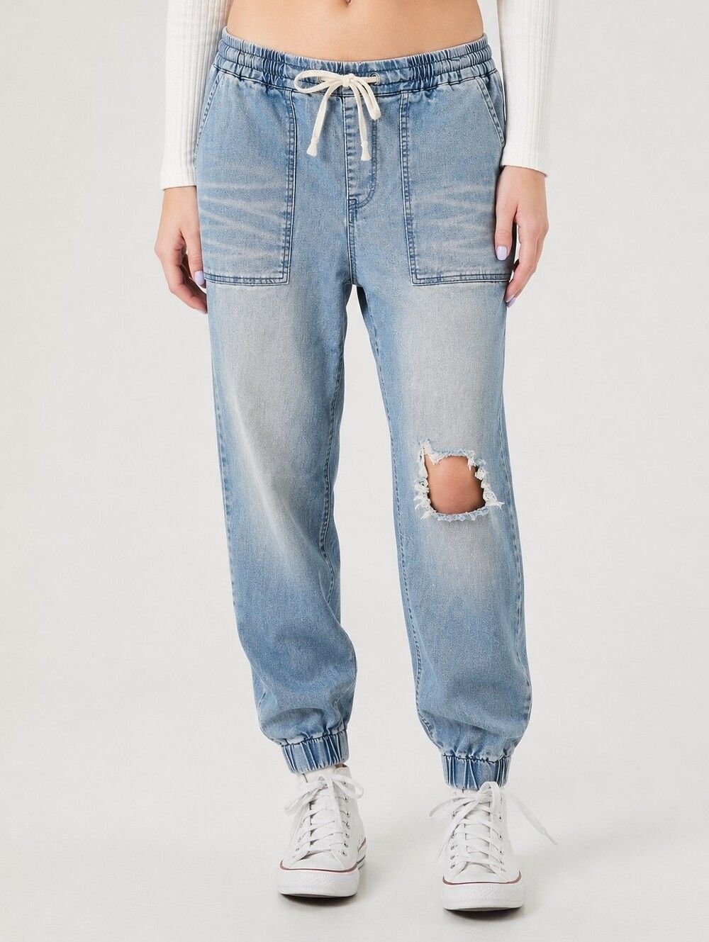 Forever 21 Denim Jogger Jeans Womens Large Distressed Drawstring Elastic Ankle